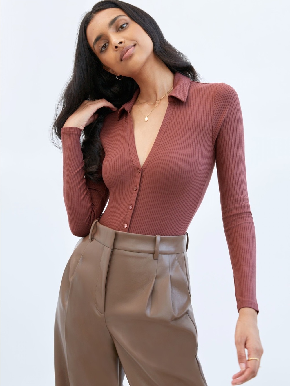 Wilfred Ribbed Long Sleeve Bodysuit in Dusty Rose
